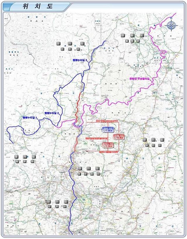 경기도는 한강 경계부터 의정부, 양주, 동두천을 거쳐 강원 철원까지 잇는 100㎞의 자전거길을 만들기로 하고, 단절구간(20.3㎞)에 대한 추진 방안을 마련 중이다. 사진은 경기북부 자전거길 위치도. 경기도 제공