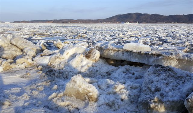 30일 오전 인천시 중구 삼목선착장 인근 해상에 유빙이 가득 차 있다. 독자 제공=연합뉴스