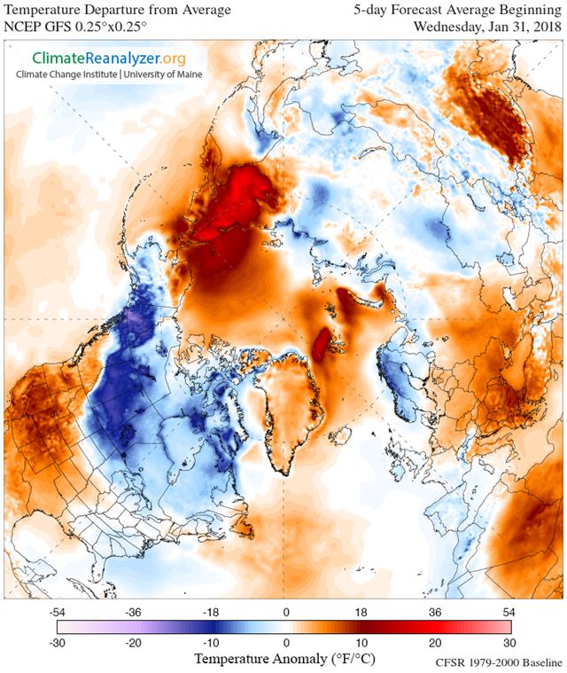 올해 1월 31일부터 5일간 예보된 북반구 기온을 평년 기온과 비교해 표시한 지도. 특히 붉은색이 짙은 극동 시베리아 기온은 평년 기온보다 섭씨 20도 이상 높은 것으로 나타나고 있다. 메인대 기후변화연구소 홈페이지 캡처