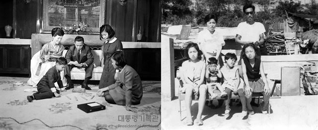 1964년 문화영화 '유쾌한 가족' 속 박정희 일가(왼쪽 사진)와 파주 삼거리 노씨네 가족. 가족은 똑같은 가족이었으나, 박정희 가족은 모든 가족에게 '유사 가족'으로 받아들여졌다. e영상역사관･사계절 제공