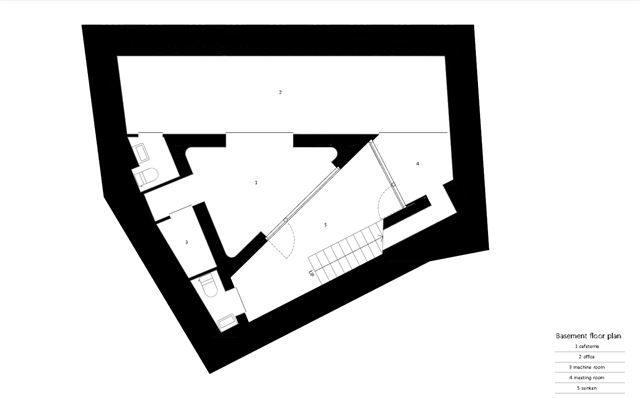 호텔 어라운드 지하층 평면도. 가운데 삼각형이 갤러리, 그 위의 직사각형이 어라운드의 지하층 사무실이다. 푸하하하프렌즈 제공