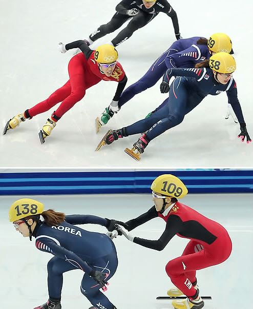 중국 판커신이 2014 소치 동계올림픽 쇼트트랙 여자 1,000ｍ 결승에서 심석희의 발목을 잡고(위) 박승희의 팔을 잡아채려는 등 반칙성 행위를 하고 있다. 연합뉴스