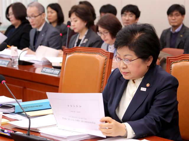 정현백 여성가족부 장관이 12일 국회에서 열린 여성가족위원회 전체회의에서 자료를 보고 있다. 연합뉴스