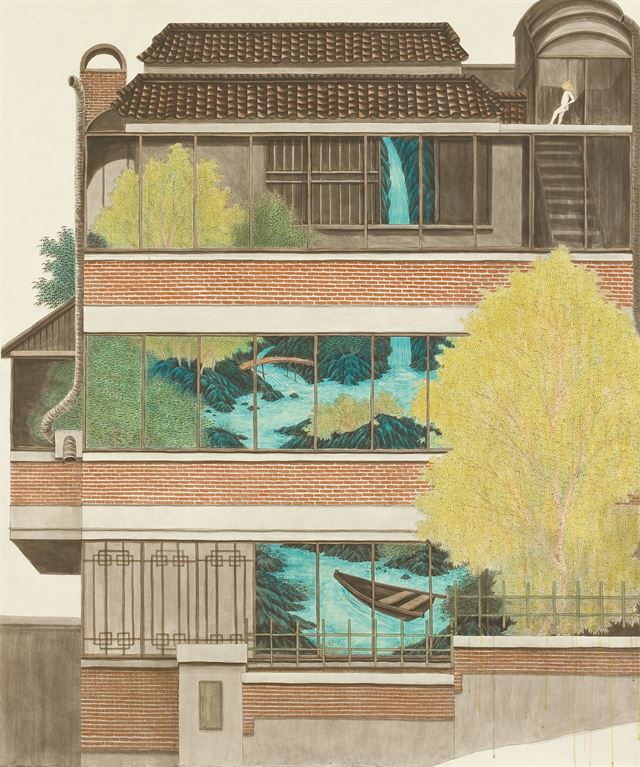 김민주, 휴가(休家), 130x157㎝, 2012. 장지에 먹과 채색. 선화랑 제공