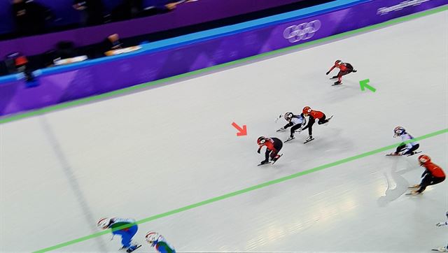 22일 국제빙상경기연맹(ISU)이 공식홈페이지에 공개한 캐나다의 쇼트트랙 여자 3,000m 계주 결승 반칙 장면. 경주에 뛰지 않는 선수인 킴 부탱(빨간 화살표)이 레인에 진입해 다른 선수들의 진로를 방해하고 있다. ISU 홈페이지 캡처