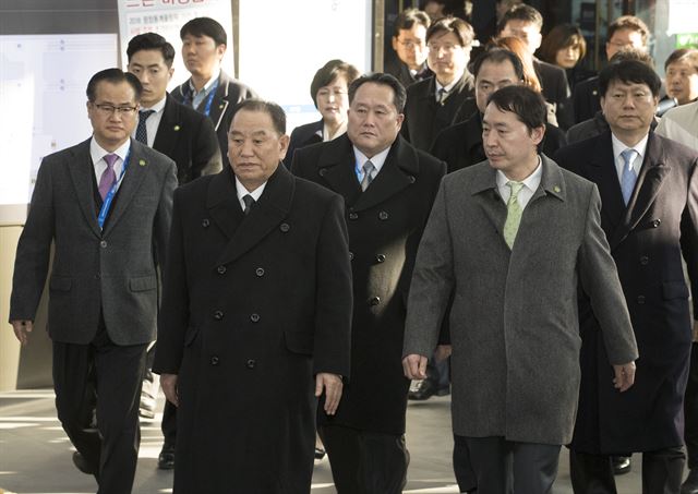 김영철 북한 노동당 중앙위원회 부위원장(통일선전부장)과 리선권 조국평화통일위원회 위원장을 비롯한 북한 고위급 대표단이 25일 오후 평창 진부역에 도착, 출구로 향하고 있다. 평창=연합뉴스