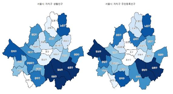 KT와 서울시의 ‘서울시 생활인구 통계 지표’에서 나타난 서울 생활인구(왼쪽)와 서울 주민등록인구. 파란색이 짙은 곳이 인구 밀도가 높은 지역으로 생활인구와 주민등록인구 사이에 차이가 있다는 점을 알 수 있다. KT 제공