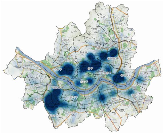 국내 장기 체류 외국인이 많이 생활하는 장소를 표기한 이미지. 파란색이 짙은 곳이 인구가 많은 지역으로 영등포구에 장기 체류 외국인이 가장 많다는 점을 알 수 있다. KT제공