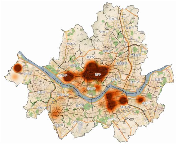 국내 단기 체류 외국인이 많이 생활하는 장소를 표기한 이미지. 붉은색이 진한 부분이 인구가 많은 지역으로 중구에 단기 체류 외국인이 가장 많다는 점을 알 수 있다. KT 제공