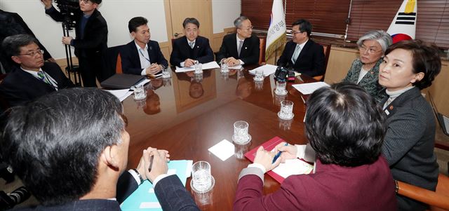 5일 오후 서울 정부서울청사에서 미국의 수입 철강ㆍ알루미늄 제품에 대한 관세 부과 결정에 대한 대응 방안 모색을 위해 대외통상관계장관회의가 열리고 있다. 왼쪽부터 시계방향으로 김현종 통상교섭본부장, 홍장표 청와대 경제수석, 박능후 보건복지부 장관, 백운규 산업통상자원부 장관, 김동연 경제부총리 겸 기획재정부 장관, 강경화 외교부 장관, 김은경 환경부 장관, 김영문 관세청장. 연합뉴스