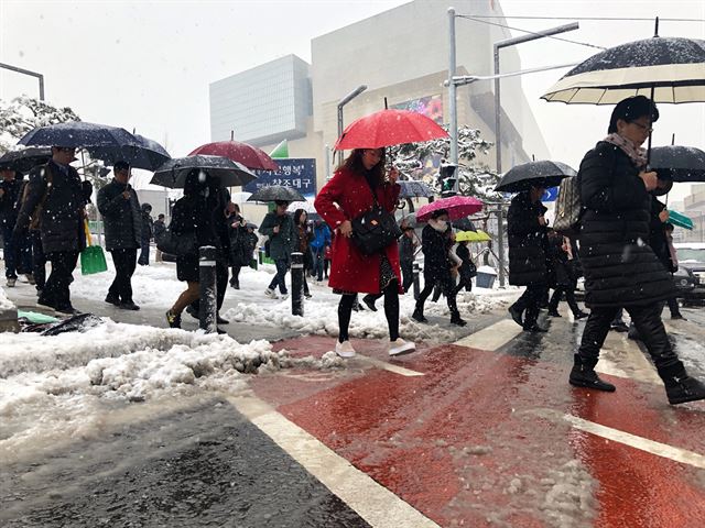 8일 오전 출근시간 대에 대구시 동구 동대구역네거리에서 시민이 눈을 피하기 위해 우산을 쓰고서 횡단보도를 건너고 있다. 연합뉴스