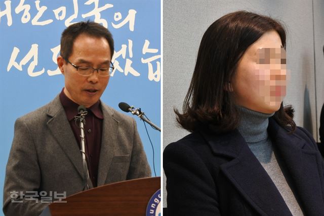 [저작권 한국일보] 9일 오전 충남도청 브리핑룸에서 공주지역 민주당원 오영환(왼쪽)씨가 기자회견을 열고 박수현 충남지사 예비후보의 불륜관계를 폭로하고 있다. 오씨의 기자회견을 지켜보고 있는 박후보의 전처. 이준호 기자