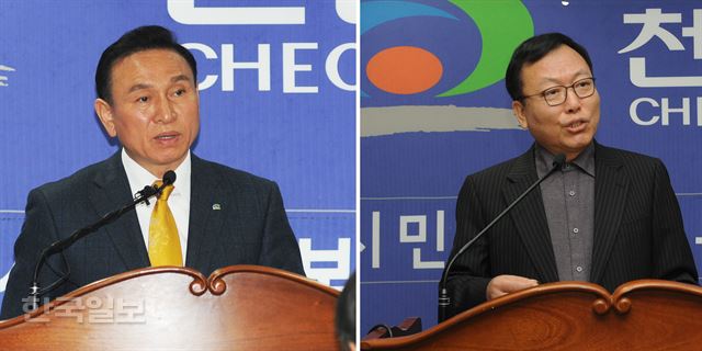 지난 12일 기자회견을 열고 불법정치자금 수수 폭로에 대해 '사실무근'이라고 반박하는 구본영(왼쪽) 천안시장과 돈을 건넸다고 주장하는 전 천안시체육회 김병국 상임부회장. 이준호 기자