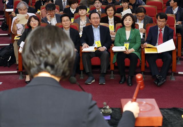 지난 17일 국회 의원회관에서 열린 정의당 전국위원회 회의에서 참석자들이 이정미 대표의 회의 주재 모습을 바라보고 있다. 이날 회의에서 정의당은 민주평화당과의 공동교섭단체 구성을 추진하기로 의결했다. 연합뉴스