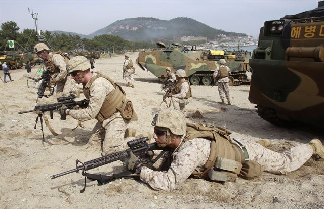 한미연합상륙훈련인 '쌍용 훈련'에 참가한 미국 해병대원들이 상륙장갑차로 경북 포항 일대 해변에 상륙하고 있다포항=AP연합뉴스