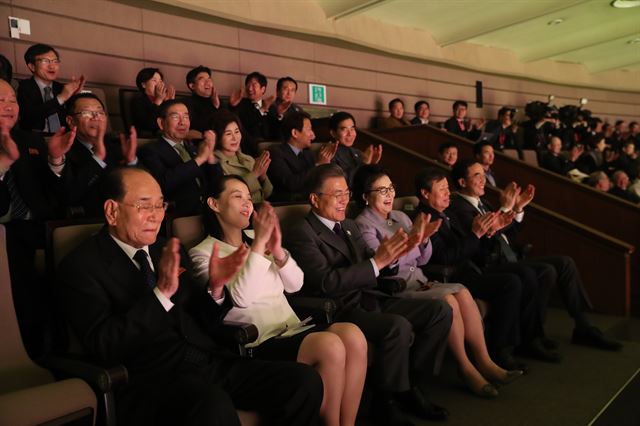 지난달 11일 서울 국립중앙극장 해오름극장에서 열린 북한 삼지연 관현악단 공연에 참석한 박원순 서울시장(둘째줄 왼쪽에서 세번째) 옆자리에 최휘 북한 국가체육위원장과 리선권 북한 조국평화통일위원장이 앉아 있다. 고영권기자