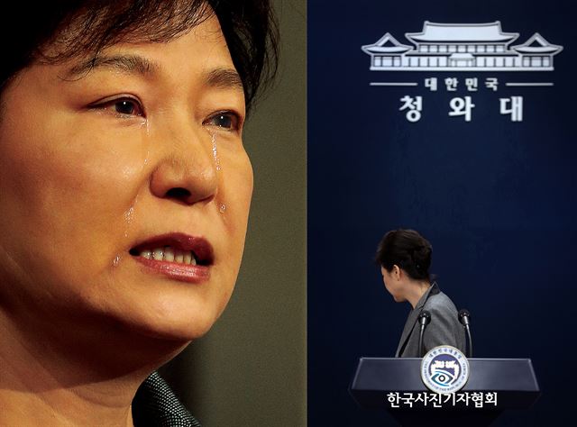 [제51회 피플인더뉴스 최우수상 – 대통령의 눈물] 박근혜 대통령이 세월호 참사 사건과 관련해 청와대 춘추관에서 대국민사과담화를 발표하던 중 사망한 의로운 희생자의 이름을 부르다 눈물을 흘리고 있다. 2014.5.19 한겨레 이정용 기자(왼쪽)/[제53회 피플인더뉴스 부문 최우수상 - 퇴진 없이 퇴장하는 박근혜 대통령] 박근혜 대통령이 3차 대국민담화를 발표하고 하야 시점을 국회서 합의하면 그때 물러날 뜻이 있음을 밝혔다. 2016.11.29 중앙일보 김성룡 기자