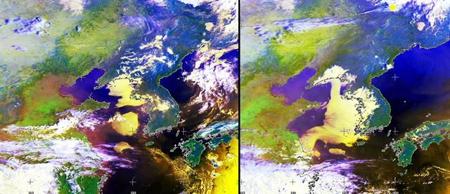 중국과 서해상의 미세먼지가 한반도로 접근하고 있다. 미국 국립해양대기국(NOAA)이 24일 오전 8시 41분 촬영한 위성사진(왼쪽)과 25일 오전 8시 29분 촬영한 사진(오른쪽). 연합뉴스