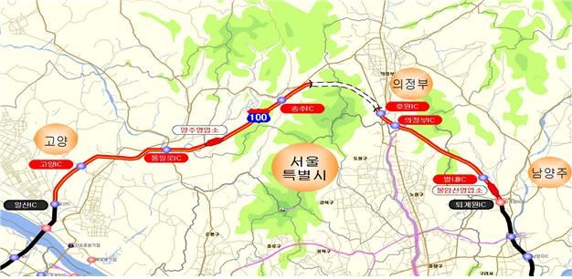 29일 0시부터 서울외곽순환고속도로 북부구간 통행료가 최대 40% 인하됐다. 북부구간 노선도. 국토교통부 제공