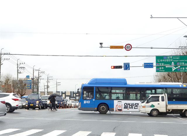 지난 19일 감천네거리에서 우산을 쓴 학생들이 휴대전화를 보면서 무단횡단을 하고 있다. 김민규기자 whitekmg@hankookilbo.com