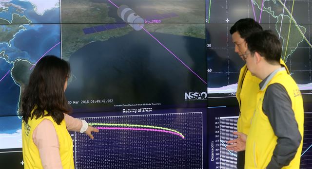30일 오후 대전 유성구 한국천문연구원 우주물체감시실에서 연구원 관계자가 중국 톈궁 1호 추락 상황을 실시간으로 살피고 있다. 톈궁 1호 고도 등을 감시 중인 과학기술정보통신부는 인공우주물체 추락·충돌 대응 매뉴얼에 따라 이날 오후 4시 우주위험 위기 경보 '경계' 단계를 발령했다. 대전=연합뉴스