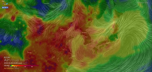 지난달 26일 오전 실시간 대기질 지수(AQI)와 미세먼지 예보 정보를 제공하는 에어비주얼로 본 한중일 3국의 대기 오염도를 보여주는 위성사진. 붉을수록 미세먼지 오염이 심하고 초록을 띨 수록 공기가 깨끗하다는 뜻. https://www.airvisual.com 캡처