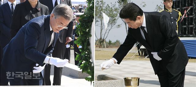 문재인(왼쪽) 대통령이 3일 오전 제주특별자치도 제주4·3평화공원에서 열린 ‘제70주년 4ㆍ3 희생자 추념식’에서 헌화 분향하고 있다. 2006년 4월 3일 노무현 대통령이 4ㆍ3평화공원에서 열린 '제58주년 4ㆍ3 희생자 위령제'에 참석해 분향하고 있다. 제주=고영권기자 청와대사진기자단 /2018-04-03(한국일보)