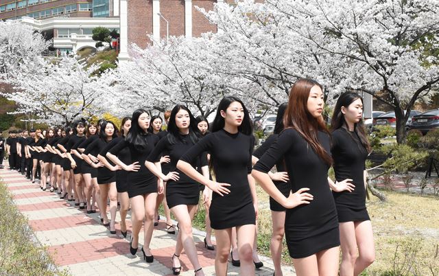 완연한 봄날씨를 보인 3일 오후 대전 유성구 대덕대학교 모델학과 학생들이 벚꽃 사이로 워킹연습을 하고 있다. 뉴시스