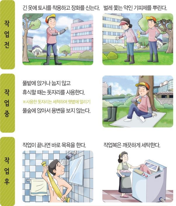 야외활동을 할 경우 진드기에 물리지 않기 위해 지켜야 할 예방수칙. 환경부 제공