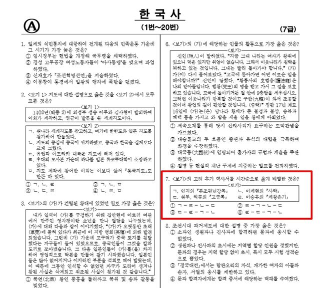 2018년 서울시 지방공무원 제1회 공개경쟁 임용 필기시험 7급 한국사 문제지. 서울시인터넷원서접수센터 홈페이지