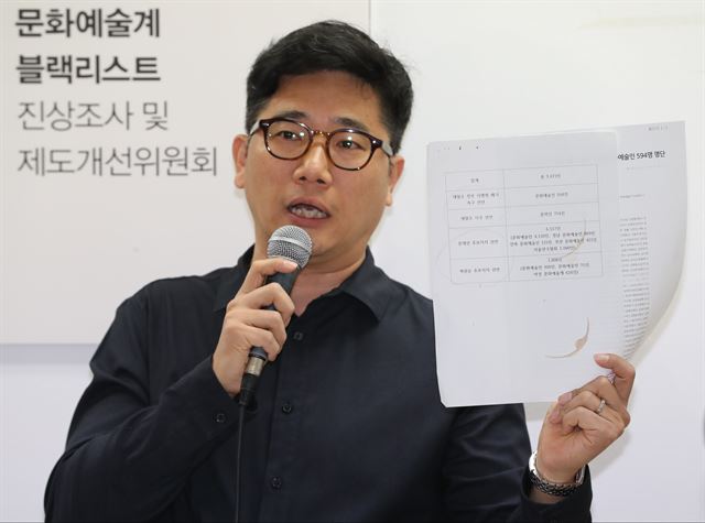 문화예술계 블랙리스트 진상조사 및 제도개선위원회의 이원재 대변인이 10일 서울 종로구 KT광화문빌딩의 위원회 회의실에서 박근혜 정부가 작성, 운용한 '문화예술인 9,473명 블랙리스트' 원본을 들어 보이고 있다. 연합뉴스