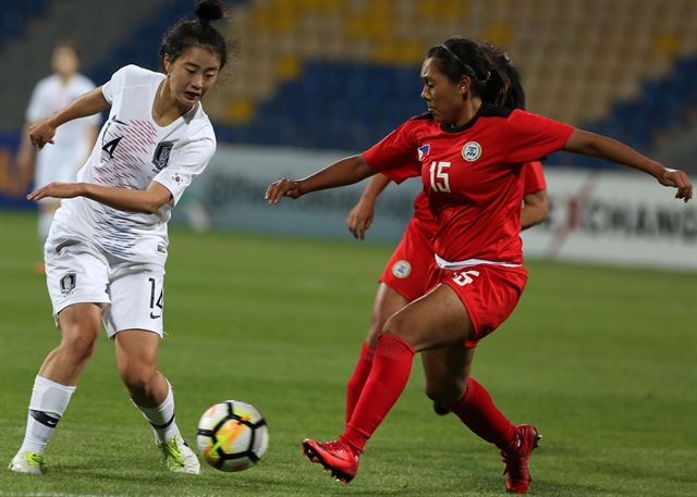 한국 여자축구 대표팀이 17일 요르단 암만의 암만 인터내셔널 스타디움에서 열린 2018 AFC 여자 아시안컵 5위 결정전에서 필리핀을 5-0으로 누르고 2019 프랑스 여자 월드컵 티켓을 땄다. AFP 연합뉴스