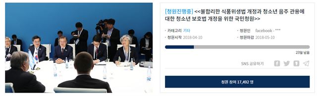 '불합리한 식품위생법 개정과 청소년 음주 관용에 대한 청소년 보호법 개정을 위한 국민청원'이 진행 중이다. 청와대 홈페이지 캡처