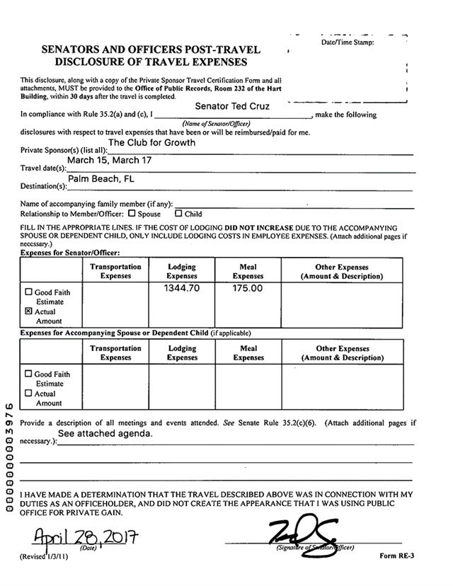 테드 크루즈 미국 상원의원이 2017년 3월 '성장을 위한 클럽' 행사에 지원을 받고 참석했다는 내용의 보고서. 보고서에는 주최자가 장소를 선택한 합리적인 이유와 실제 행사 일정 등이 상세하게 적혀 있는데, 이들 보고서는 상원 홈페이지의 공공 정보공개란(https://www.senate.gov/legislative/lobbyingdisc.htm)에서 볼 수 있다.