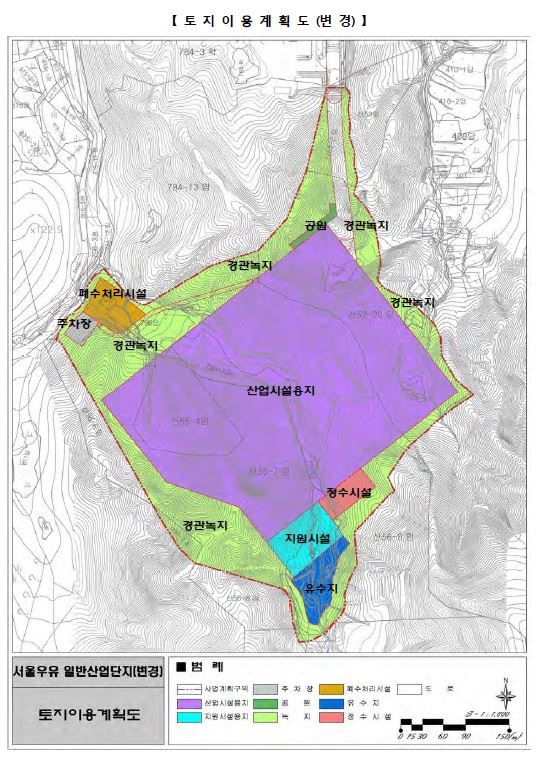 서울우유 양주시 일반산업단지 토지이용계획도. 폐수처리시설과 정수시설, 지원시설 부지 등이 건축법상 도시계획도로와 접하지 않아 건축인허가에 어려움을 겪고 있다. 양주시 제공