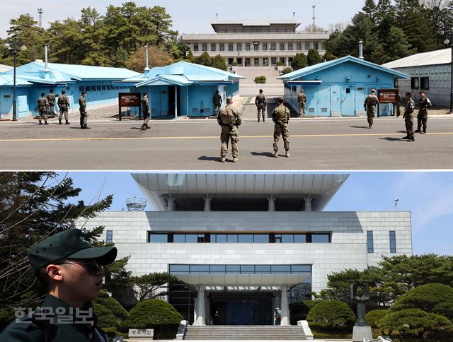 판문점 전경과 평화의집. 남북정상회담을 일주일 여 앞둔 18일 경기 파주시 판문점에서 한국 경비병들이 경계 근무를 서고 있다(위), 남북정상회담을 앞 둔 평화의집 전경(아래). 고영권 기자