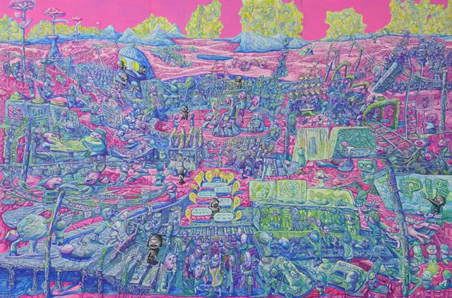 일본 작가 아츠로 데루누마의 Mienai Nozomi’s Vision Complex, 2017, Acrylic paints, pen, ink on wood panel, 180 x 270㎝ (3 panels). 아라리오갤러리 제공