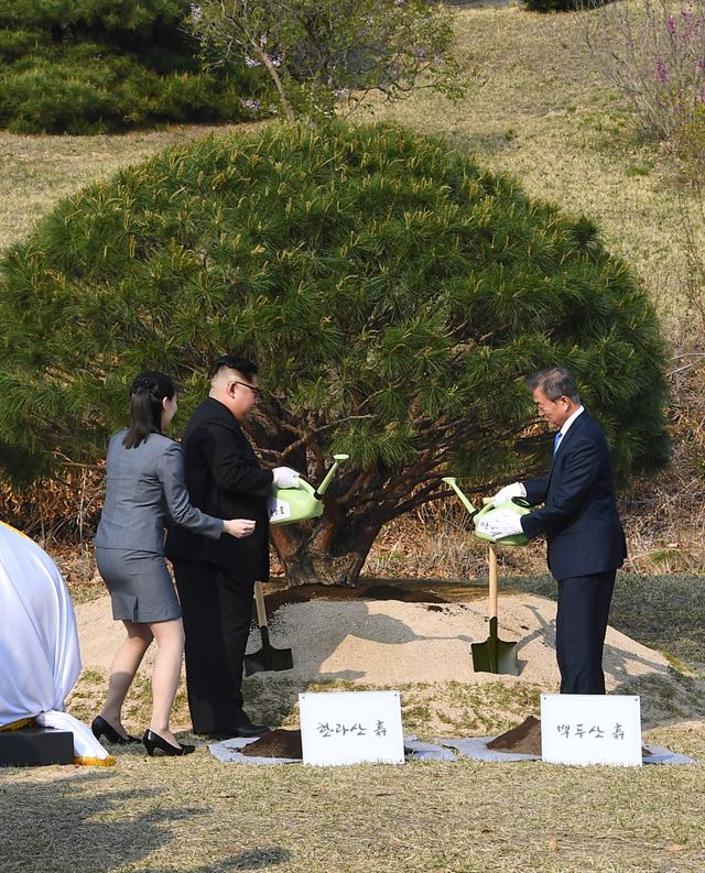 문재인 대통령과 북한 김정은 국무위원장이 27일 오후 판문점 인근 '소떼 길'에서 기념 식수를 하고 한강물과 대동강물을 주고 있다. 판문점=고영권 기자