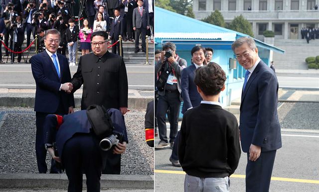 27일 판문점에서 개최된 남북정상회담은 모든 순간이 기록적이었다. 감격적 순간의 '우선 순위' 로 분류되진 않겠지만 역사적 첫 만남 직전 화동을 보며 밝게 웃는 문재인 대통령의 모습(오른쪽 사진), 판문점 군사분계선 위 두 정상의 모습을 촬영하기 전 허리 숙여 인사하는 북측 사진기자의 모습 또한 소중한 역사로 남을 것이다.