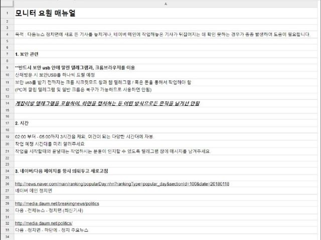 2월 6일 유출됐던 여론 조작 모니터요원 매뉴얼. 당시 여권 온라인 지지자들 사이에서는 드루킹이라는 아이디와 여론 조작의 위험성이 언급됐었다. 온라인 캡처