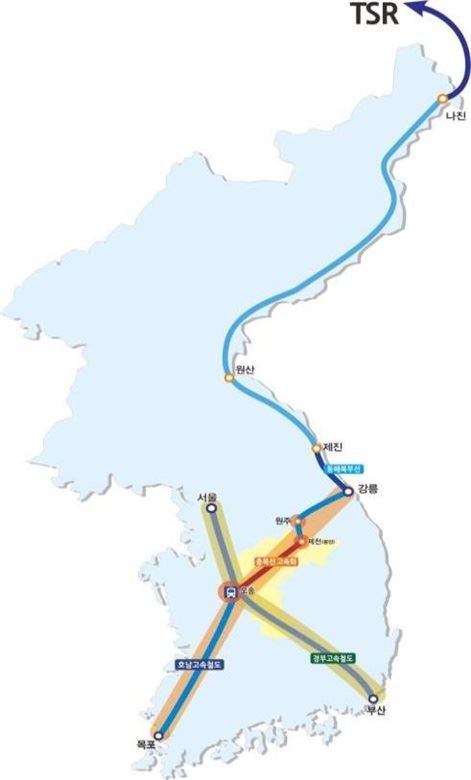 충북도의 강호축 구상도. 충북선 고속화를 통해 호남과 강원을 연결한 뒤 북한과 시베리아로 진출하자는 이 안을 놓고 여야 충북지사 후보들이 공방을 벌이고 있다.(TSR은 시베리아횡단철도) 충북도 제공
