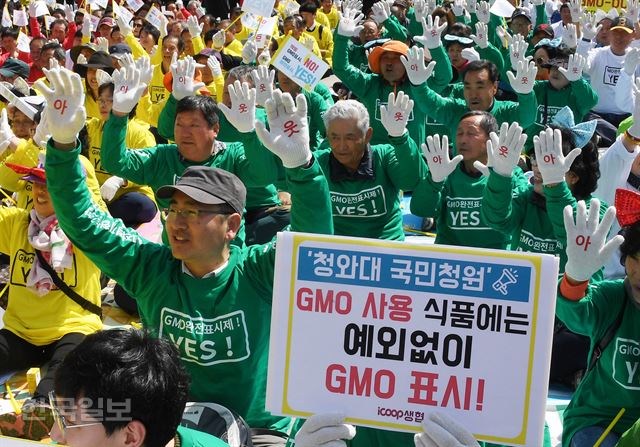 지난달 10일 서울 세종로 공원에서 농민들이 완전한 GMO 표시 제정을 요구하고 있다. 신상순 선임기자