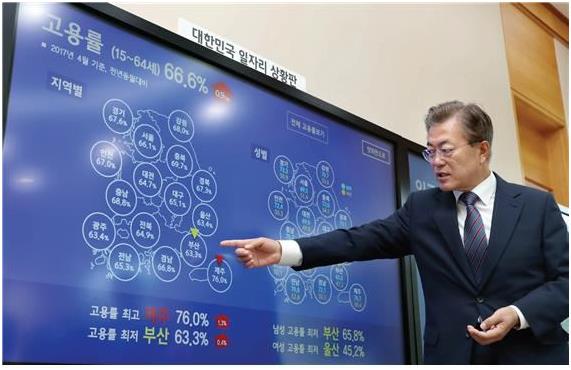 문재인 대통령이 지난해 5월 청와대 집무실에 마련된 일자리상황판을 가리키고 있다. 청와대 제공