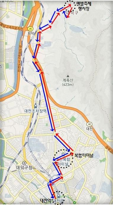 12~27일 주말 계족산행 88번 버스 노선도. 대전시 제공