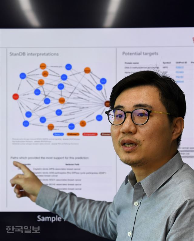 김진한 스탠다임 대표가 AI 기술로 기존 약 성분을 분석해 신약을 개발하는 과정을 설명하고 있다. 홍인기 기자