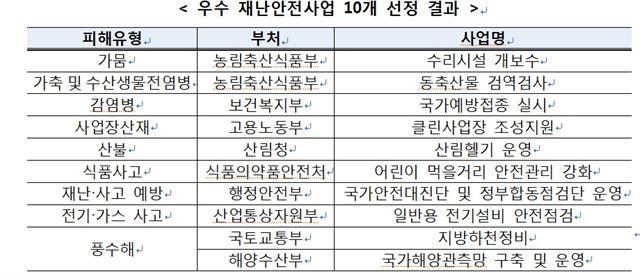 ‘2018년 재난안전사업 평가’ 결과 우수재난안전사업에 선정된 10개 사업. 행정안전부 제공