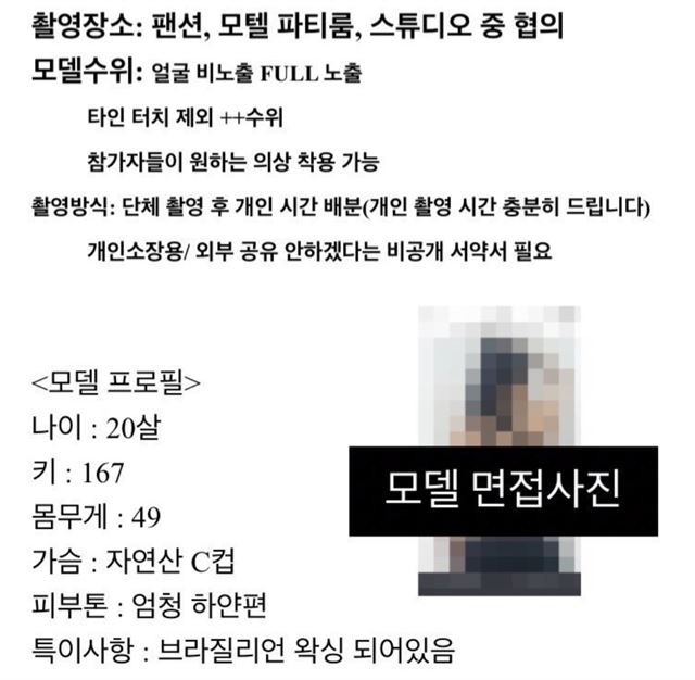 비공개 촬영회 참가자를 모집하는 사진 동호회 게시물의 일부. 'FULL 노출' '모델이 신었던 스타킹은 참가 회원님들께 전부 나눠드립니다' 등 비정상적인 내용들이 담겨 있다. 인터넷 사이트 캡처