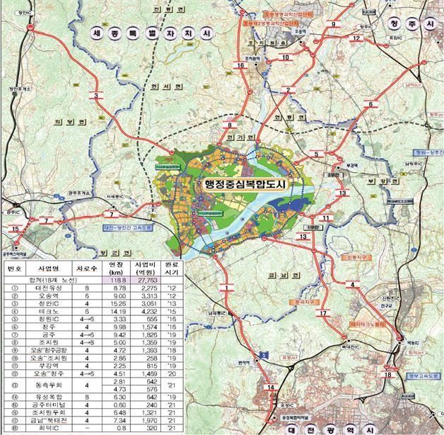세종시 행정중심복합도시 광역도로 계획도. 행정도시건설청 제공.