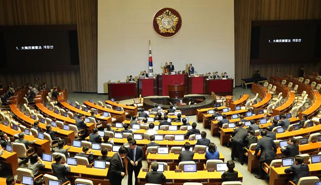 국회가 24일 본회의를 열고 문재인 대통령이 발의한 헌법개정안에 대해 표결을 했으나 의결정족수 부족으로 투표가 성립되지 못했다. 정세균 국회의장이 24일 오전 열린 국회 본회의에서 의결정족수 부족을 이유로 정부 개헌안의 투표 불성립을 선언하고 있다. 연합뉴스