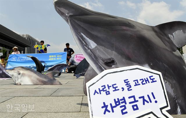 바다의날인 31일 서울 광화문광장에서 환경운동연합 바다위원회가 기자회견을 열고 고래고기 식용 금지와 수족관 돌고래 방류를 촉구하고 있다. 김주성 기자